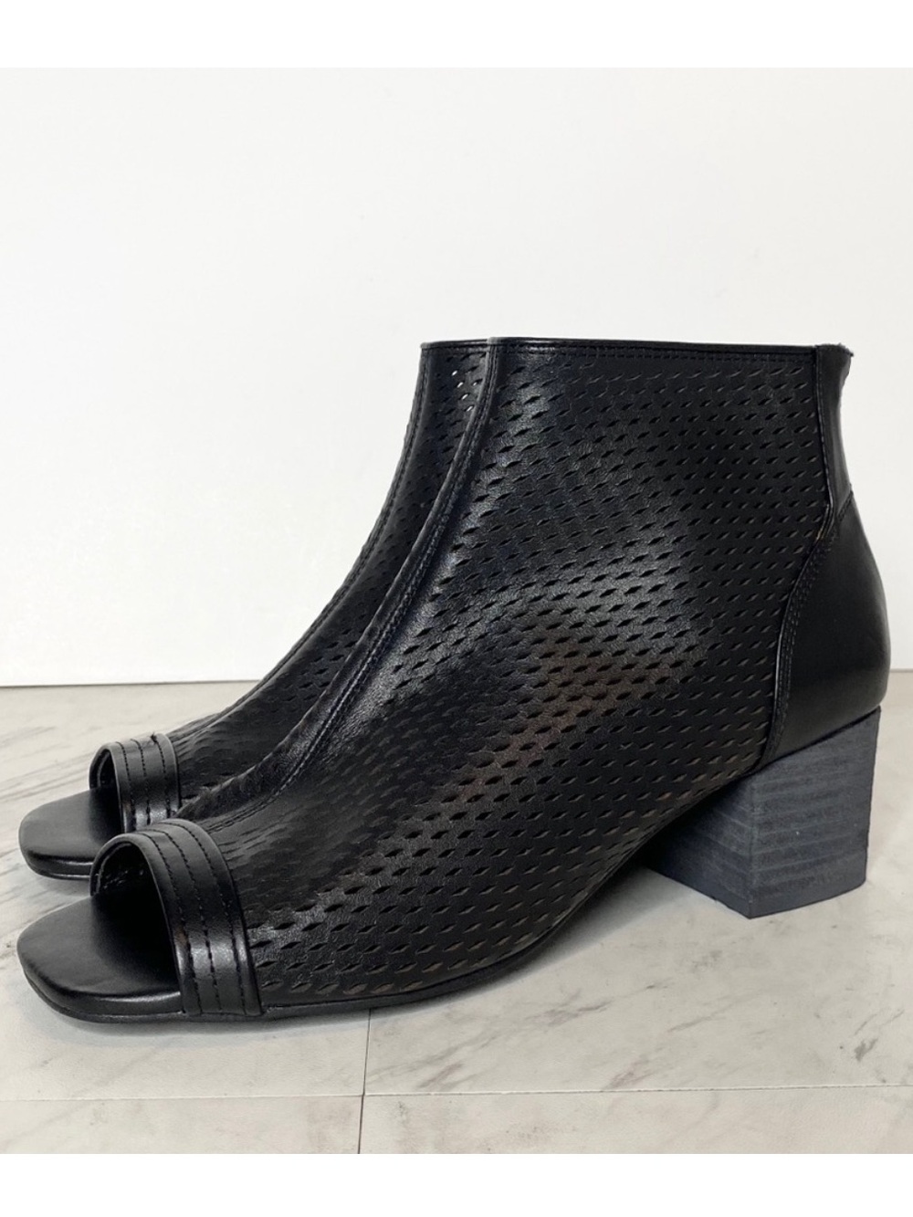 Kelsi Dagger Brooklyn Simone Peep Toe Black Perforated Leather Bootie 6
